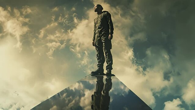 A person stands triumphantly atop a peak against a cloudy sky backdrop