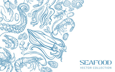 Isolated vector set of seafood. Template. Shrimps, langoustines, prawns, salmon, trout, oysters, mussels, squid, crab, lemon, octopus, rosemary, sea urchin. Hand-drawn delicacy, restaurant and marine.