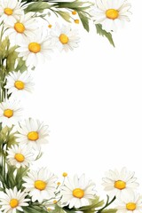 Fototapeta premium daisy themed frame or border for photos and text. with white petals and yellow centers. watercolor illustration, Perfect for nursery art, simple clipart, single object, white color background.