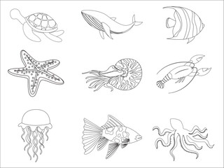 Obraz premium collection of line art illustrations of fish and marine animals