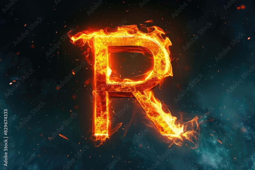 Poster a fiery letter r burning against a dark backdrop. perfect for graphic design projects