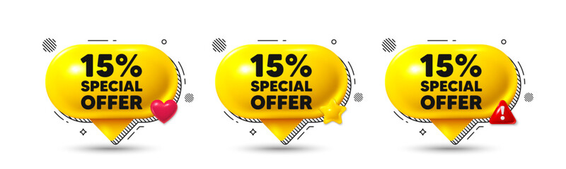 Chat speech bubble 3d icons. 15 percent discount offer tag. Sale price promo sign. Special offer symbol. Discount chat offer. Speech bubble banners. Text box balloon. Vector