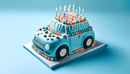 A whimsical birthday cake designed to look like a classic car, adorned with colorful candies and lit candles