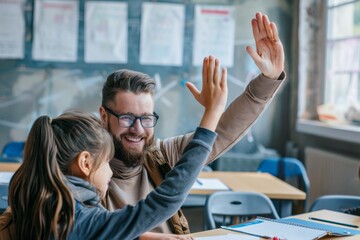Joyful Educator Celebrating Student's Success in Bright Classroom