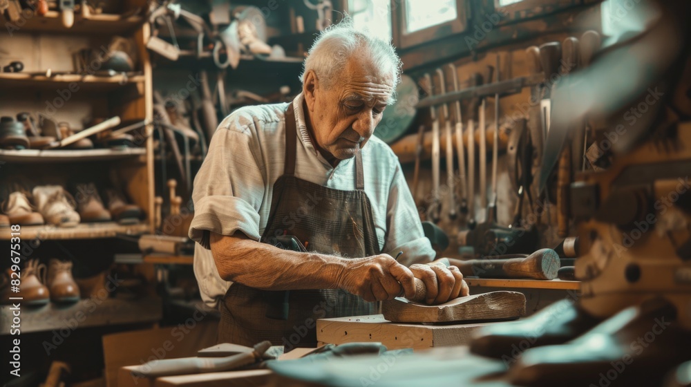 Poster a man is crafting wood in a workshop. suitable for carpentry projects
