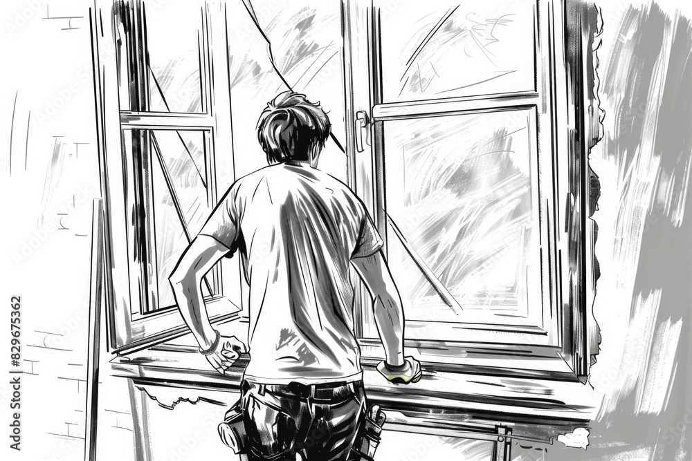 Poster A drawing of a man gazing out a window. Suitable for various design projects