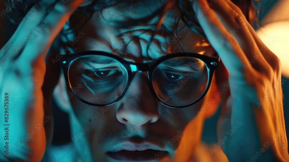 Poster a man wearing glasses looking at a computer screen. suitable for technology concepts