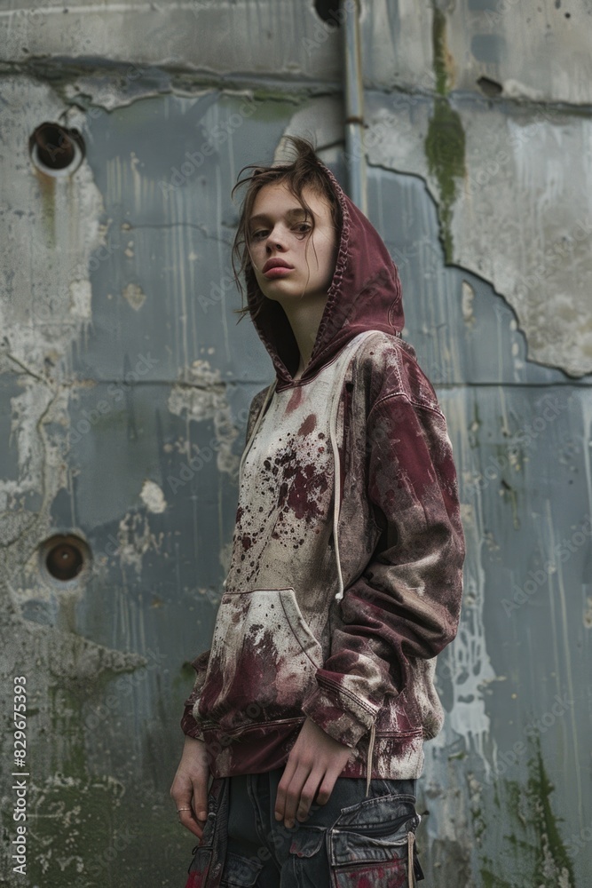 Poster man in hoodie standing in front of a wall, suitable for urban themes