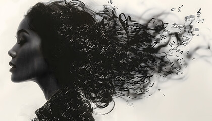 Abstract female profile with musical notes and sheet music elements, ink drawing, white background, double exposure, splattered paint effect, concept art.