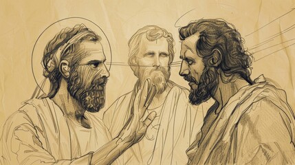 Fototapeta premium Biblical Illustration: Saul's Conversion, Blinded on Damascus Road, Jesus' Vision, Transformation, Beige Background, Copyspace