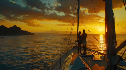 A serene sunset boat ride with two people enjoying the view. Ideal for travel and leisure concepts
