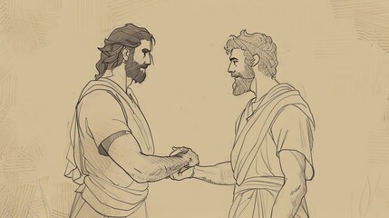 Fototapeta premium Biblical Illustration: David and Jonathan's Friendship, Covenant Agreement, Beige Background, Copyspace