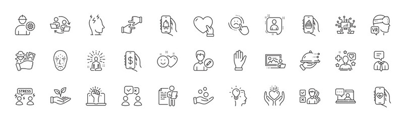 Opinion, Smile and Photo studio line icons. Pack of Patient, Click hands, Stress icon. Engineer, Idea, Food delivery pictogram. Hand, Health app, Fraud. Augmented reality. Line icons. Vector