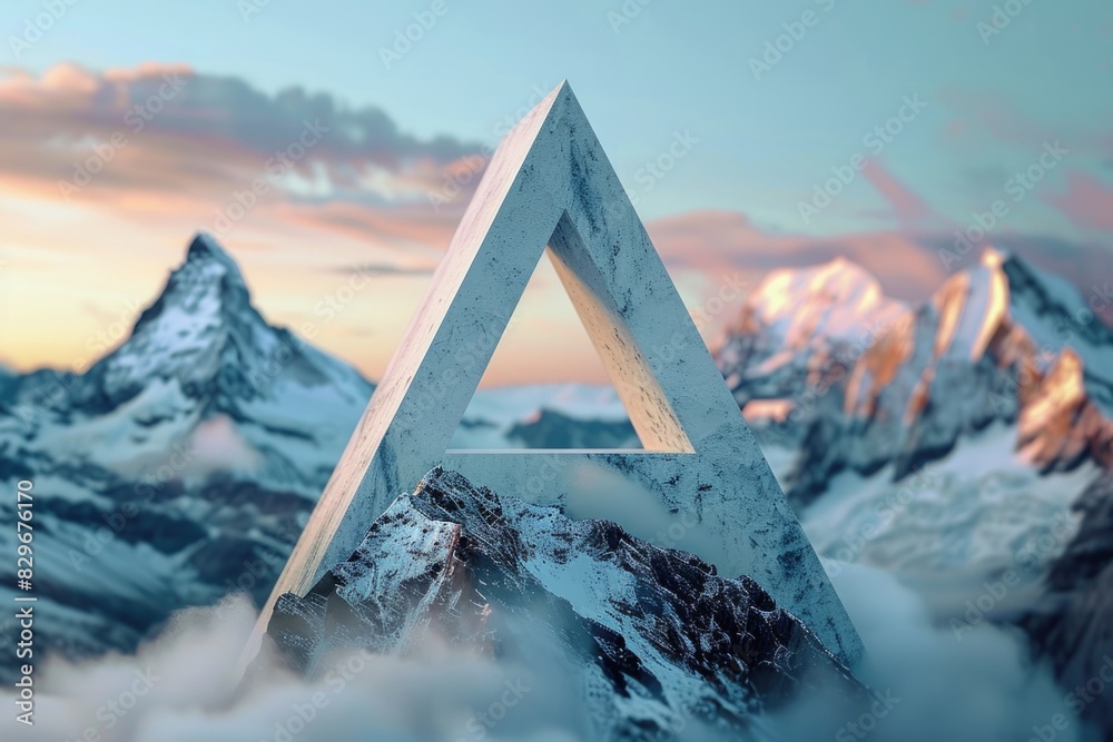 Poster A geometric triangle shape set against a backdrop of majestic mountains. Ideal for illustrating concepts of harmony and balance