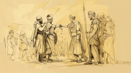 Biblical Illustration: Gideon's Victory, Army Selection by Water Drinking, Midianites Defeated, Beige Background, Copyspace