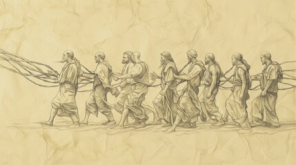 Biblical Illustration: Satan Bound, Thousand Years, Saints Reign with Christ, Beige Background, Copyspace