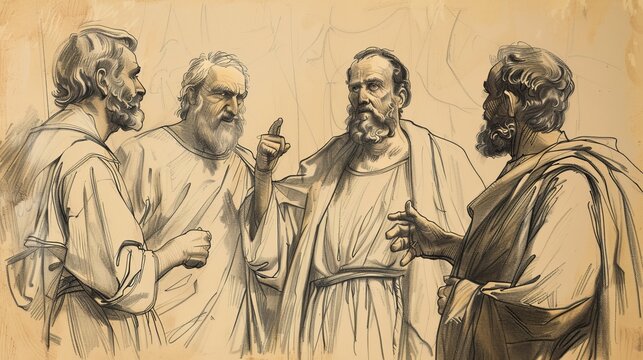Biblical Illustration: Paul on Trial, Festus and Agrippa, Bold Faith Defense, Beige Background, Copyspace