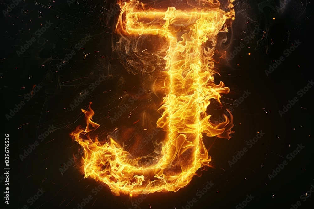 Poster image of a burning letter j on a black background. suitable for graphic design projects