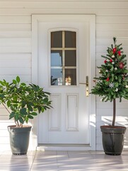 Porta d'ingresso bianca con due vasi ai lati