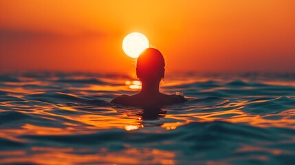 Serene Sunset Swim: Silhouette of Woman in Ocean with Vibrant Orange Sky