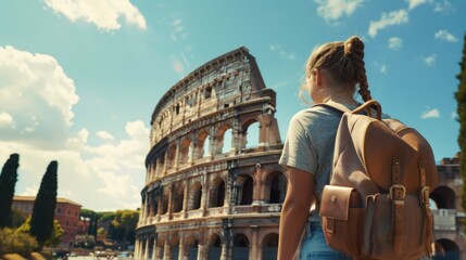 A woman standing in front of the iconic Colosseum in Rome. Suitable for travel and historical concepts