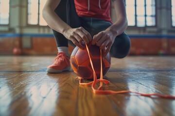 Person tying up a basketball on a wooden floor. Suitable for sports and lifestyle concepts