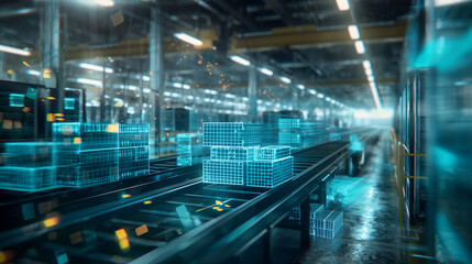 Obraz premium Holographic supply chain diagram illuminating a logistics center, with a focus on advanced technology and ample copy space for text