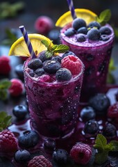 Lemon Blueberry Smoothie - Light purple with lemon zest and blueberries. 