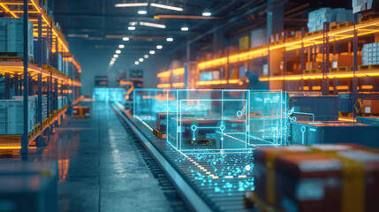 Fototapeta premium A glowing holographic supply chain diagram in a state-of-the-art logistics hub, with dynamic compositions and clear space for copy