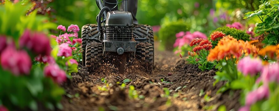 Small garden tiller cultivating soil between colorful flowers.