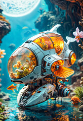 Mini bathyscaphe in a home aquarium. Generative AI