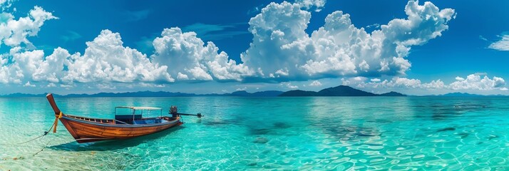 Obraz premium The boat is in the turquoise water, reflecting the blue sky, white clouds and tropical islands. Summer vacation natural landscape, panorama. Maldives island, colorful and perfect panoramic natural lan
