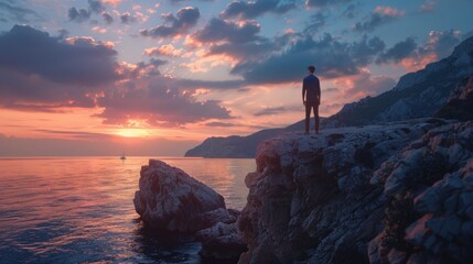 A man standing on top of a cliff next to the ocean. Suitable for travel and adventure concepts - Powered by Adobe