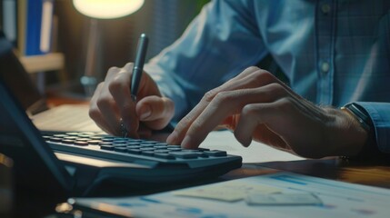 A man is using a calculator for calculations. Suitable for financial, business, or education concepts