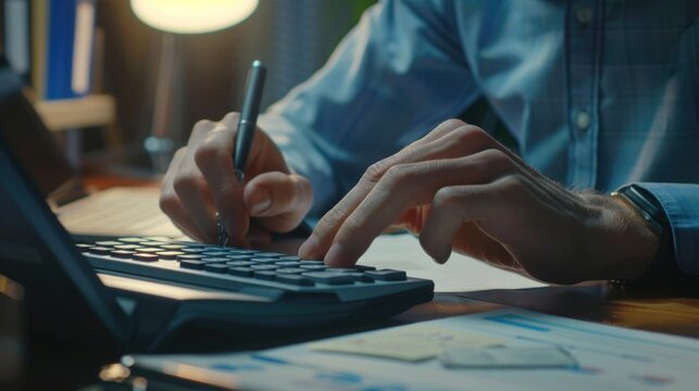 A man is using a calculator for calculations. Suitable for financial, business, or education concepts