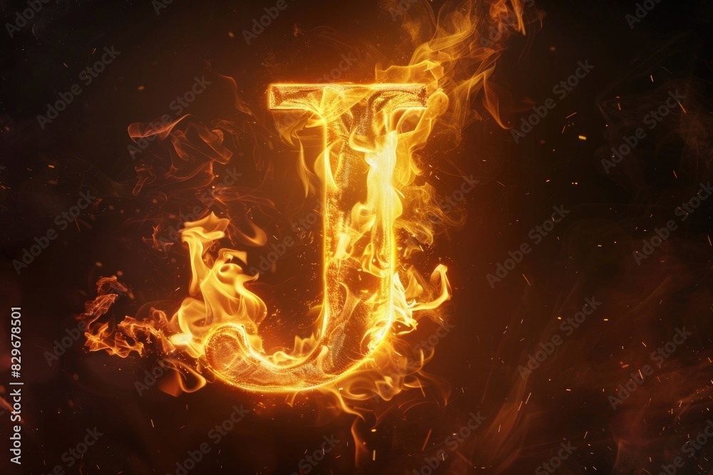 Poster image of a burning letter j on a black background. suitable for graphic design projects