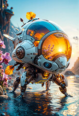 Naklejka premium Mini bathyscaphe in a home aquarium. Generative AI
