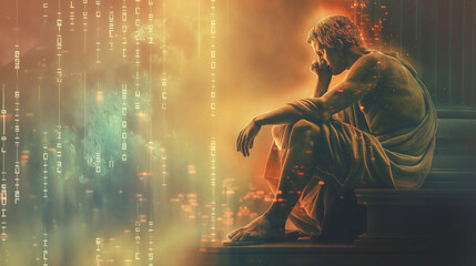 Conceptual art of a philosopher contemplating the impact of technology, with digital code blending into a blurred background, symbolizing the convergence of ideas