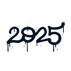 Sprayed 2025 tag font graffiti with overspray in black over white. Grungy new year design element template. Textured Vector illustration with leaks and drops