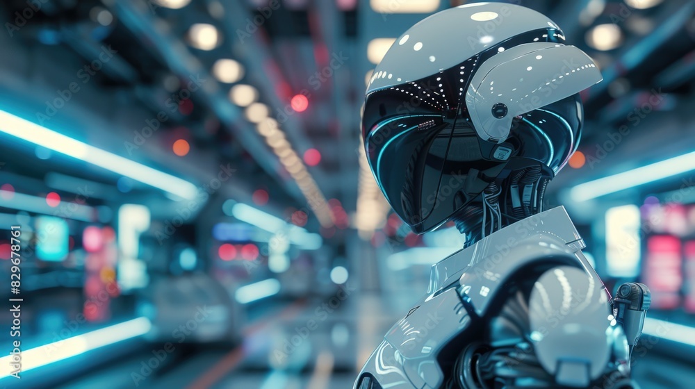 Poster a robot wearing a helmet in a building, suitable for technology concepts
