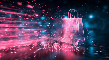 Digital currents of data flowing towards a sleek virtual shopping bag, set in a dramatic cyber environment, symbolizing the flow of e-commerce transactions