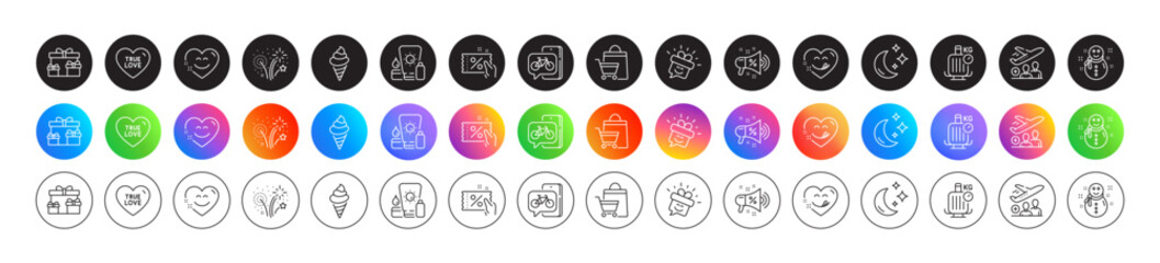 Bike app, True love and Baggage scales line icons. Round icon gradient buttons. Pack of Moon, Passenger, Discount coupon icon. Sale bags, Fireworks, Ice cream pictogram. Vector