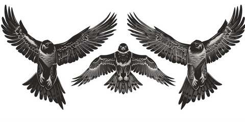 Obraz premium Three black and white images of birds with spread wings. Ideal for nature and wildlife designs