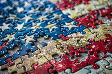 American flag made of puzzle pieces, hundreds of them, each a tiny fragment of a larger picture