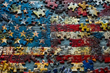 American flag made of puzzle pieces, hundreds of them, each a tiny fragment of a larger picture