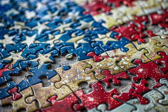 American flag made of puzzle pieces, hundreds of them, each a tiny fragment of a larger picture
