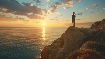A man standing on a cliff admiring the ocean view. Perfect for travel and adventure concepts - Powered by Adobe