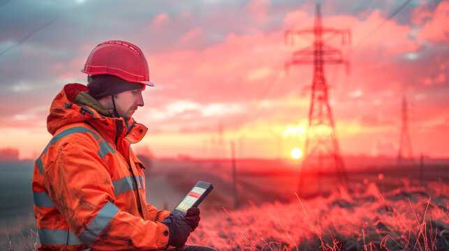 Engineer Inspecting Power Lines in Open Field.