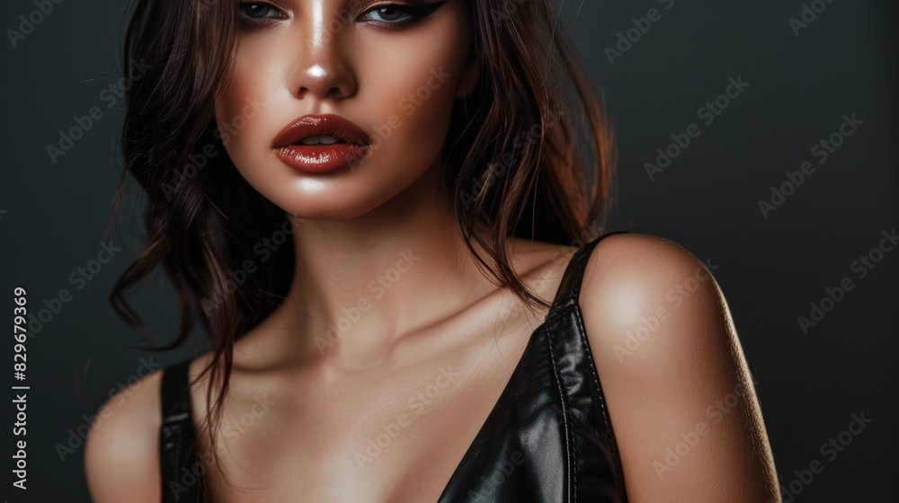 Wall mural Gorgeous woman with dramatic eye makeup, wearing a tight leather dress, ai generated