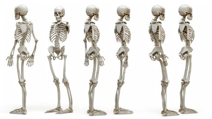 A group of human skeletons standing together. Suitable for Halloween or anatomy concepts